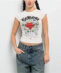 Ed Hardy Love Kills Slowly Heart Rhinestone Ivory Cap Sleeve T-Shirt
