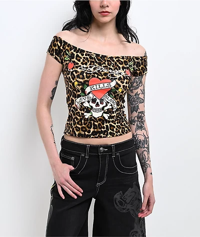 Ed Hardy Love Kills Slowly Leopard Off Shoulder Brown Crop T-Shirt