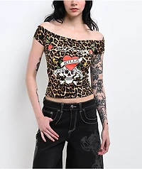 Ed Hardy Love Kills Slowly Leopard Off Shoulder Brown Crop T-Shirt