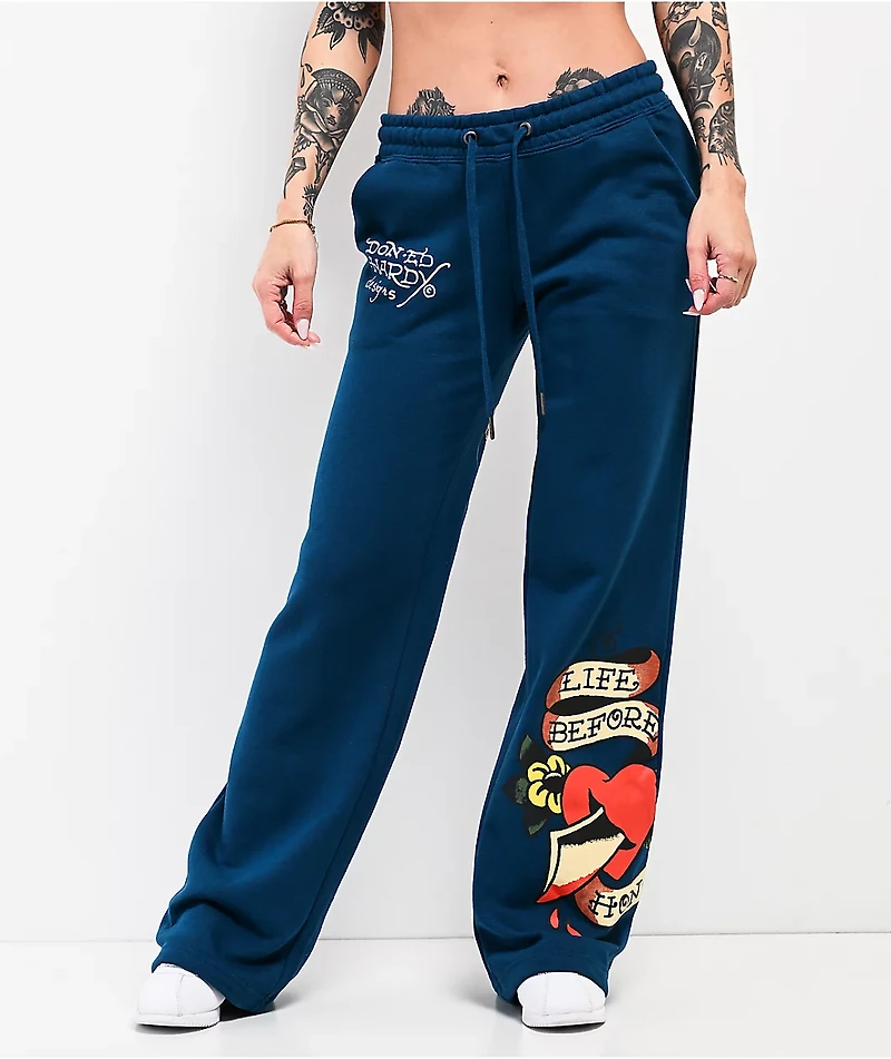 Ed Hardy Love Kills Slowly Sapphire Blue Wide Leg Sweatpants