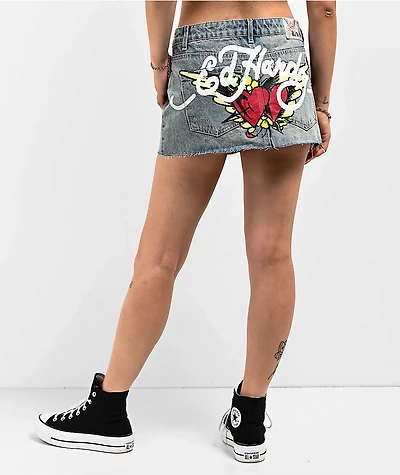 Ed Hardy Love Kills Slowly Skull Denim Cutoff Mini Skirt