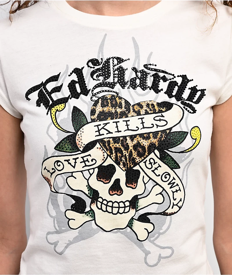 Ed Hardy Love Kills Slowly Skull Ivory Crop T-Shirt
