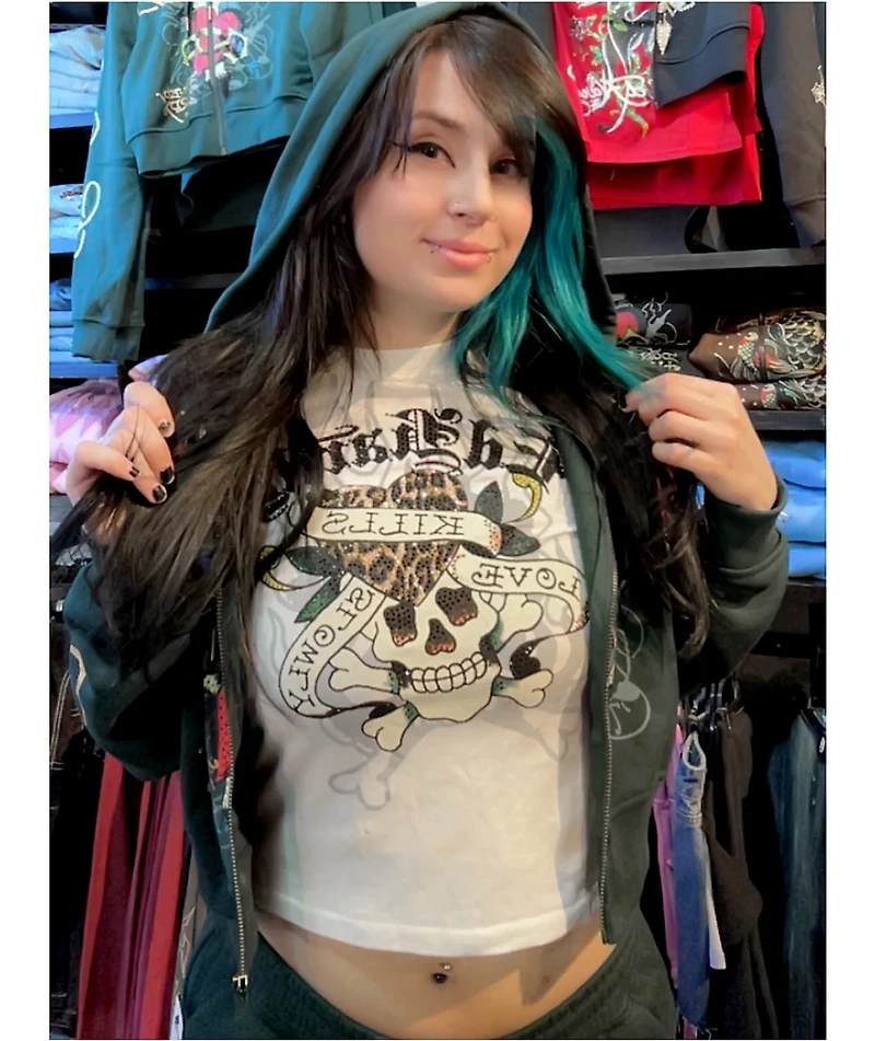 Ed Hardy Love Kills Slowly Skull Ivory Crop T-Shirt