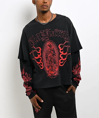 Ed Hardy Mary Dragons Black 2fer Long Sleeve T-Shirt