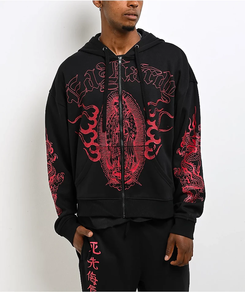 Ed Hardy Mary Dragons Black Boxy Crop Zip Hoodie