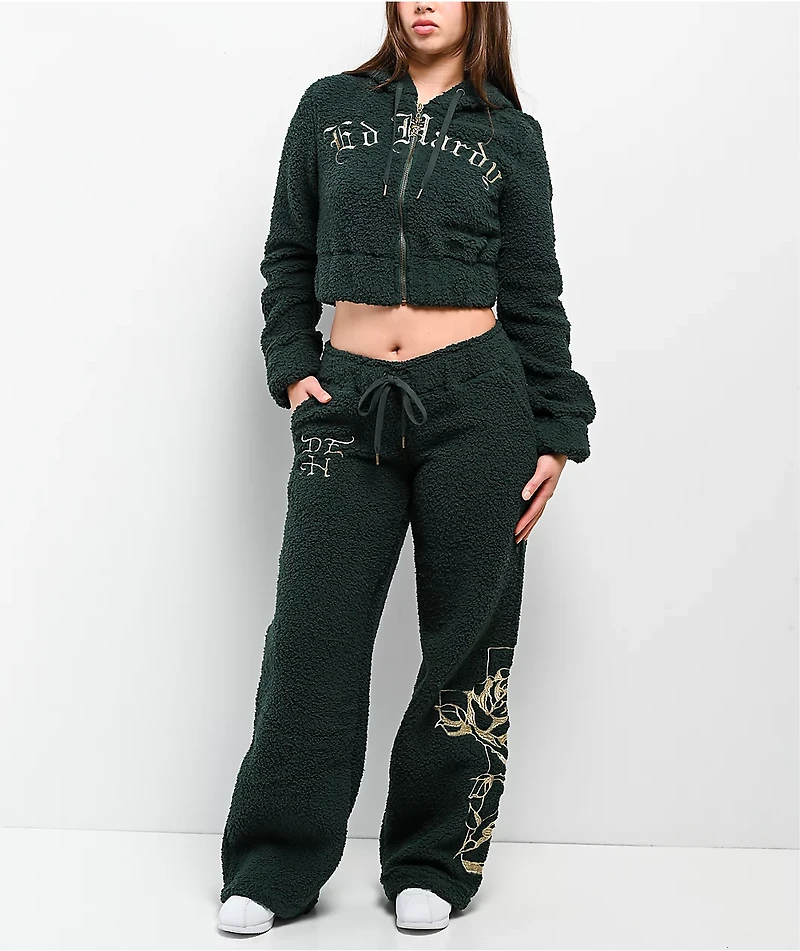 Ed Hardy Mary Green Sherpa Wide Leg Sweatpants
