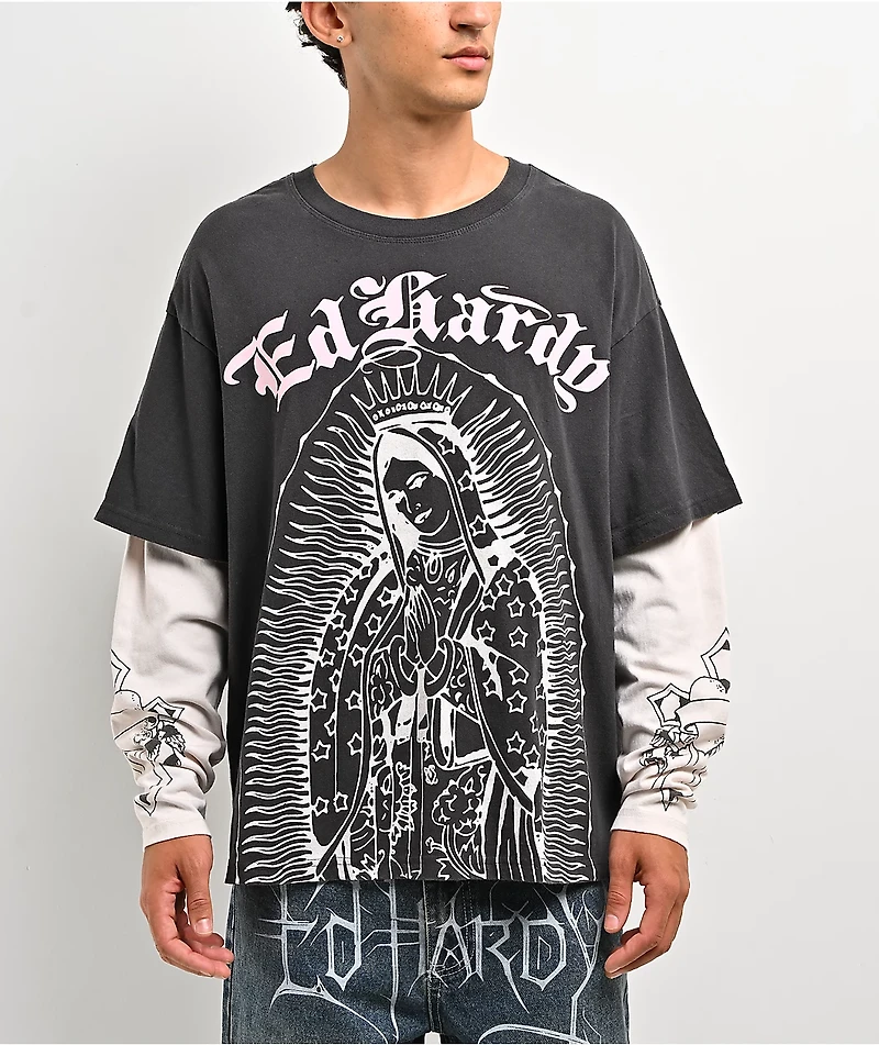 Ed Hardy Mary Grey & White 2fer Long Sleeve T-Shirt
