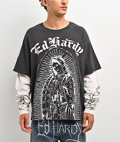 Ed Hardy Mary Grey & White 2fer Long Sleeve T-Shirt
