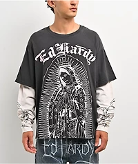 Ed Hardy Mary Grey & White 2fer Long Sleeve T-Shirt