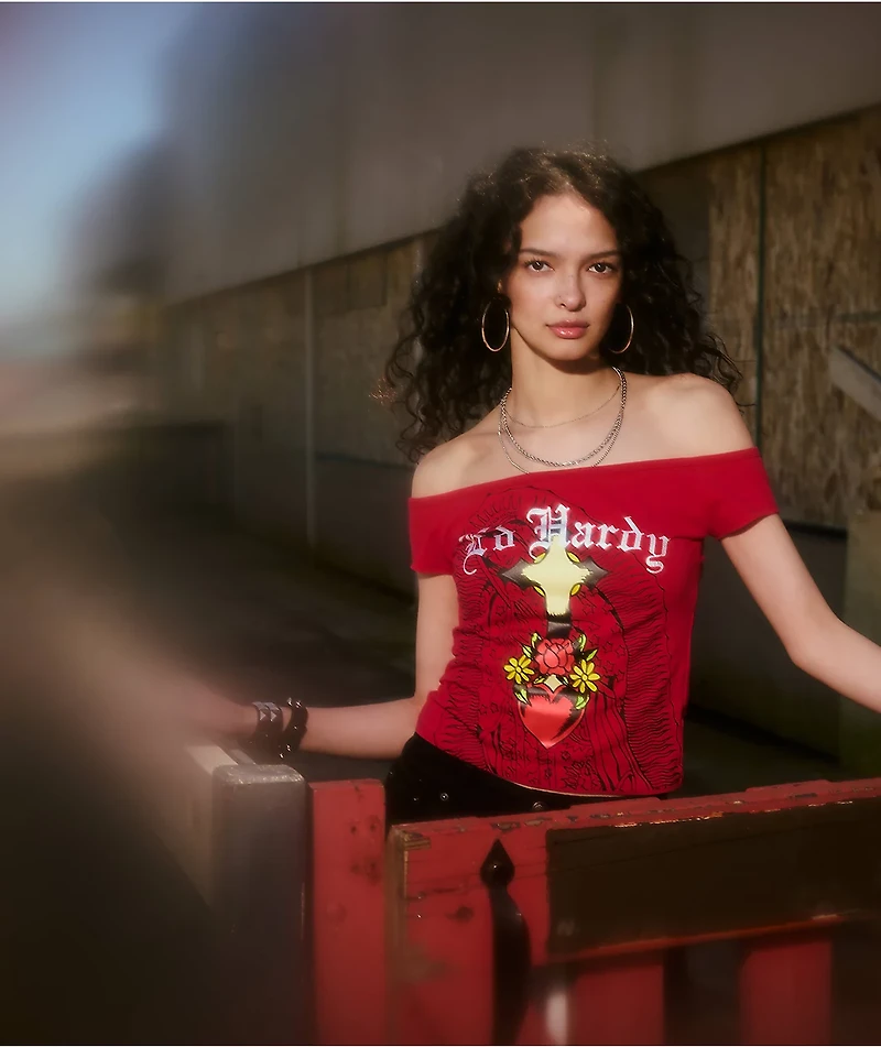 Ed Hardy Mary Off Shoulder Red Crop T-Shirt