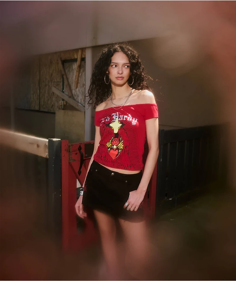 Ed Hardy Mary Off Shoulder Red Crop T-Shirt