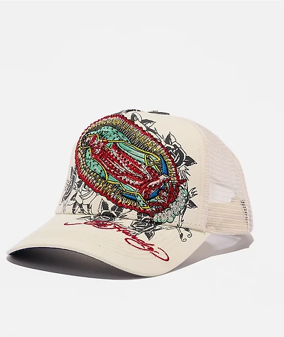 Ed Hardy Mary Rhinestone Ivory Trucker Hat
