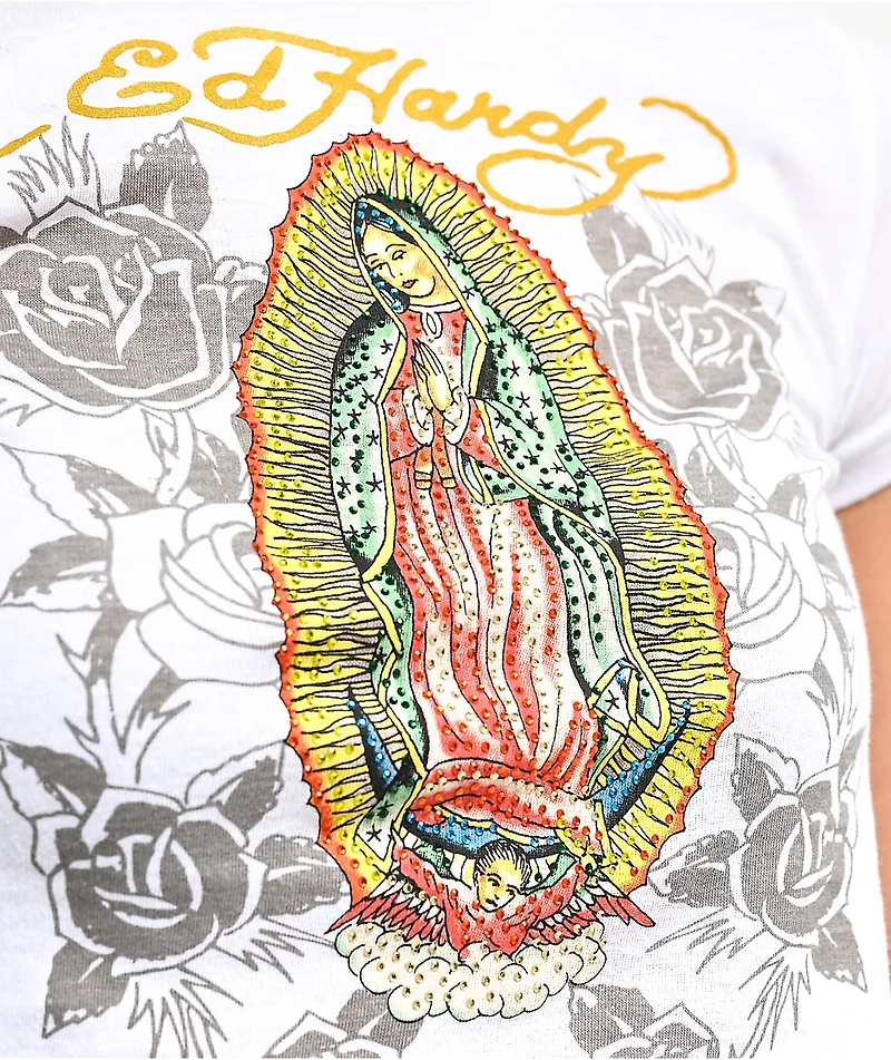 Ed Hardy Mary Rhinestone White Crop T-Shirt