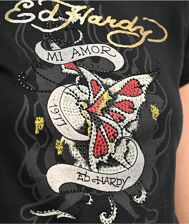 Ed Hardy Mi Amor Rhinestone Black Crop T-Shirt