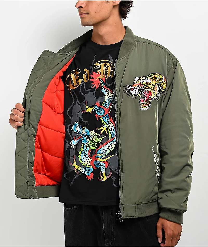 Ed Hardy NYC Skull Olive Bomber Jacket