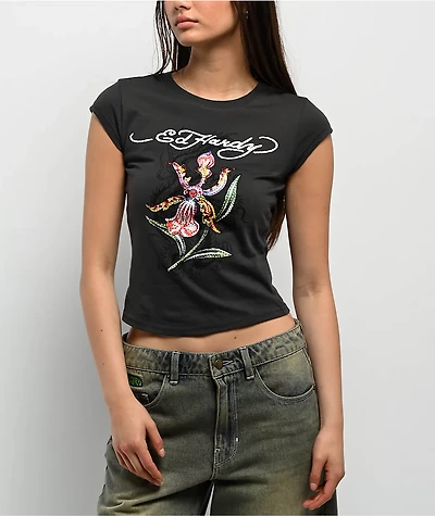 Ed Hardy Orchid Rhinestone Charcoal Cap Sleeve T-Shirt