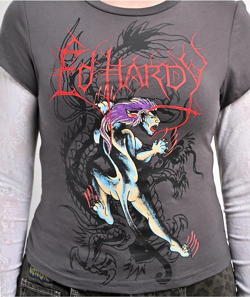 Ed Hardy Pantera Charcoal & White Lace 2fer Long Sleeve T-Shirt