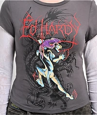 Ed Hardy Pantera Charcoal & White Lace 2fer Long Sleeve T-Shirt