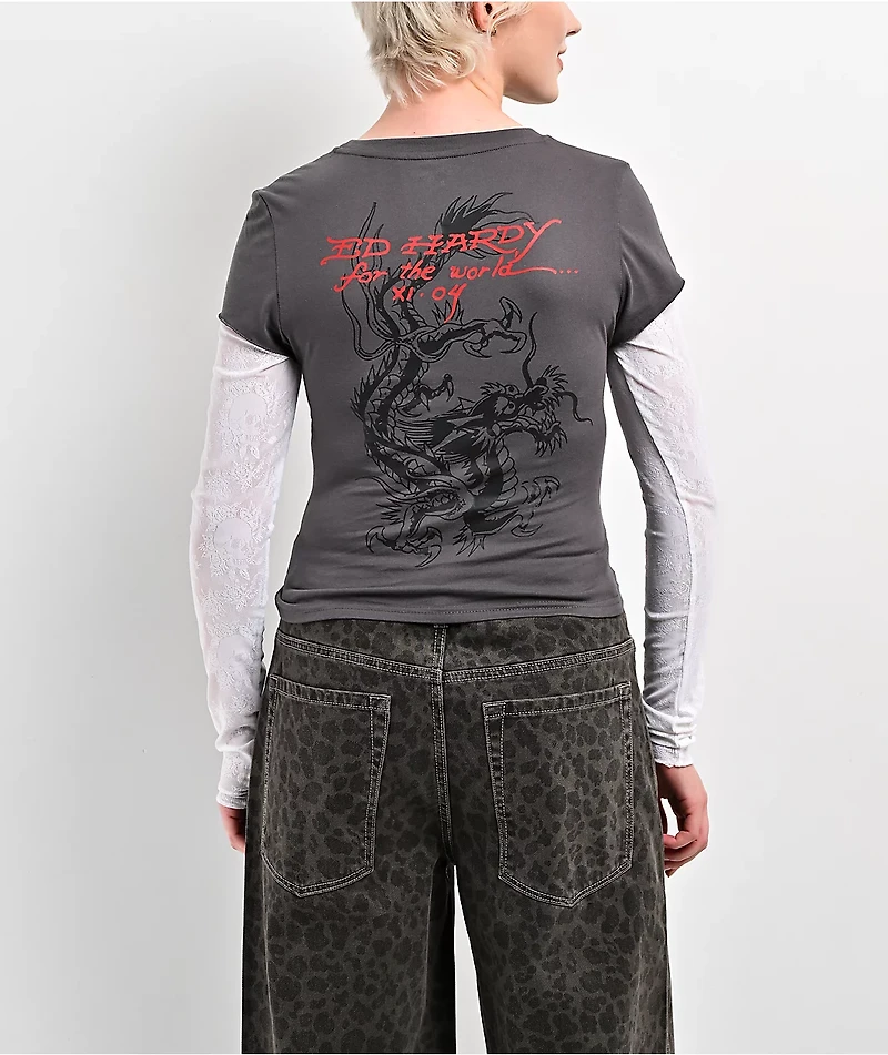 Ed Hardy Pantera Charcoal & White Lace 2fer Long Sleeve T-Shirt