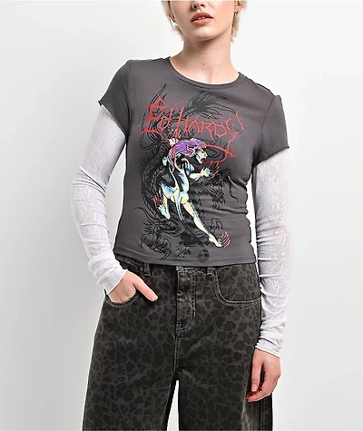 Ed Hardy Pantera Charcoal & White Lace 2fer Long Sleeve T-Shirt