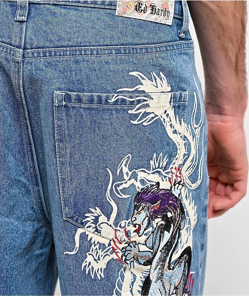 Ed Hardy Panteras Blue Wash Baggy Jeans