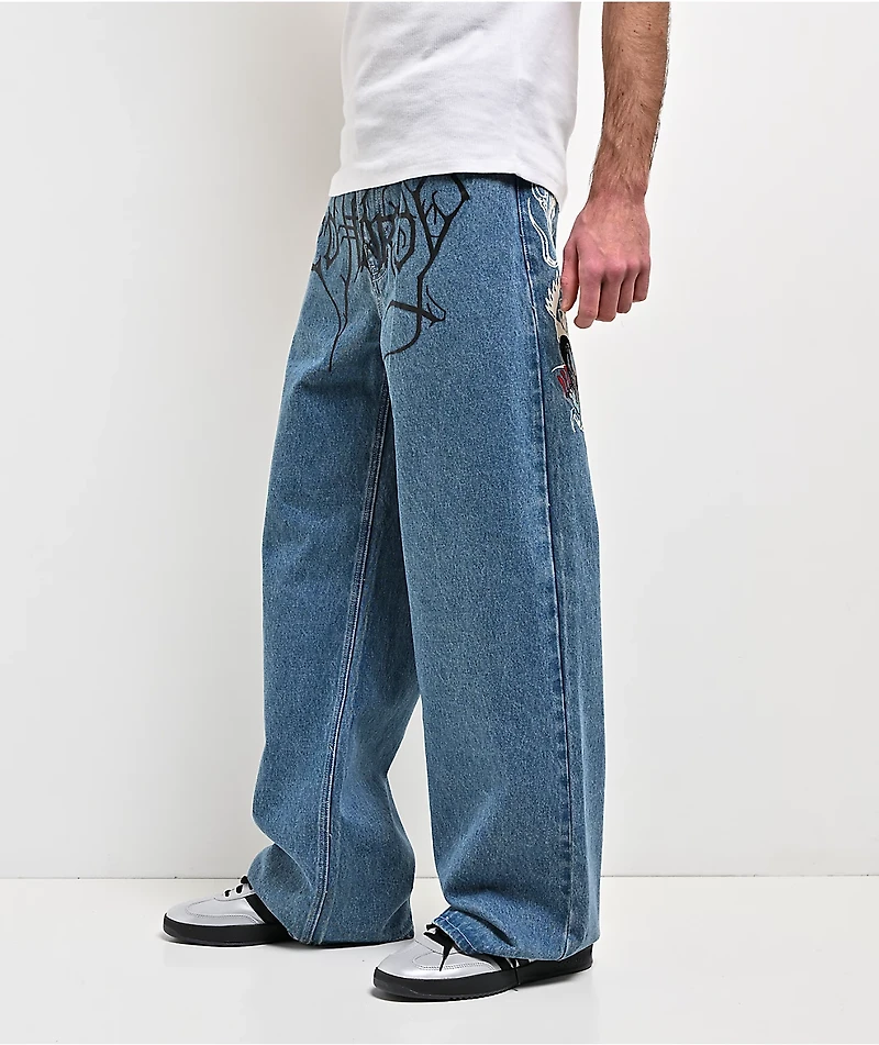 Ed Hardy Panteras Blue Wash Baggy Jeans