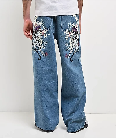 Ed Hardy Panteras Blue Wash Baggy Jeans