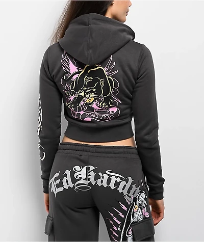 Ed Hardy Panther Charcoal Crop Zip Hoodie