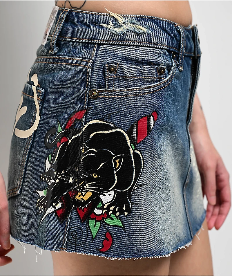 Ed Hardy Panther Dagger Dark Blue Cutoff Denim Mini Skirt