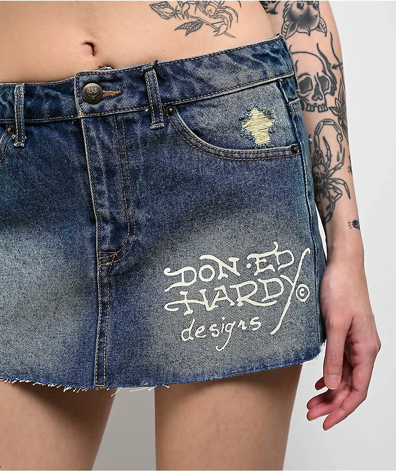 Ed Hardy Panther Dagger Dark Blue Cutoff Denim Mini Skirt