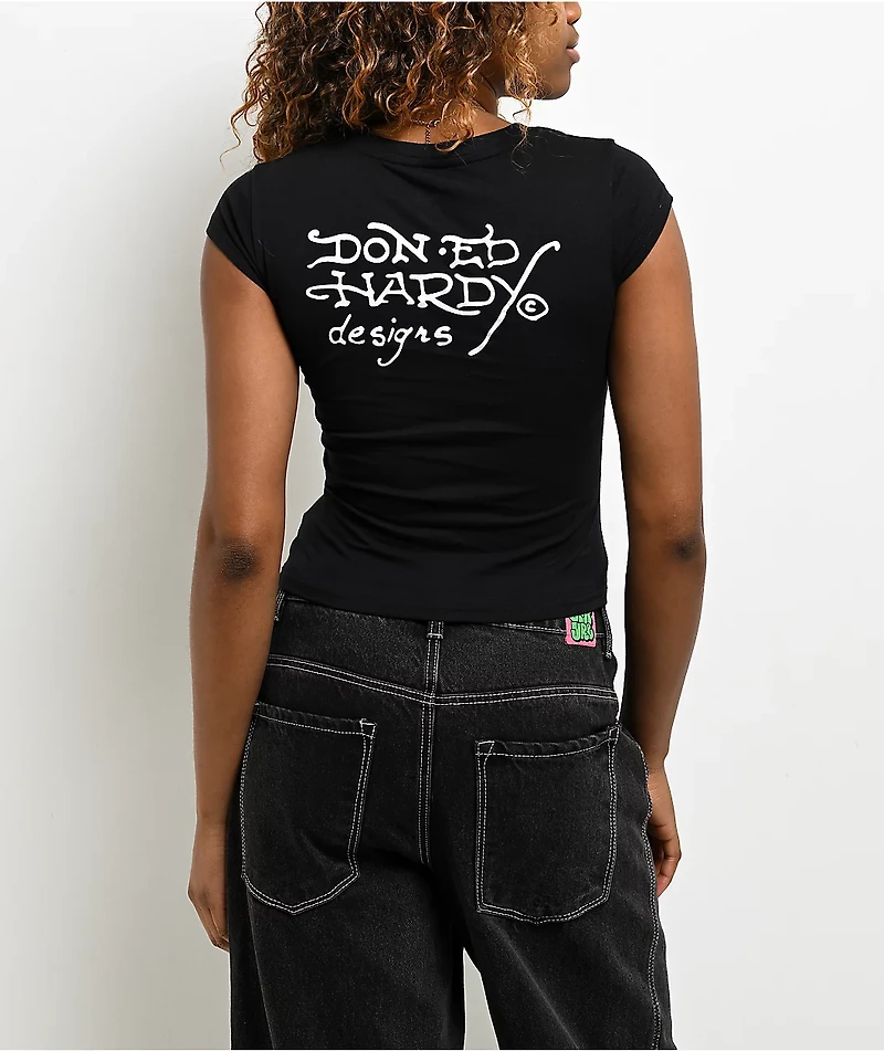 Ed Hardy Panther Dagger Rhinestone Black Crop T-Shirt