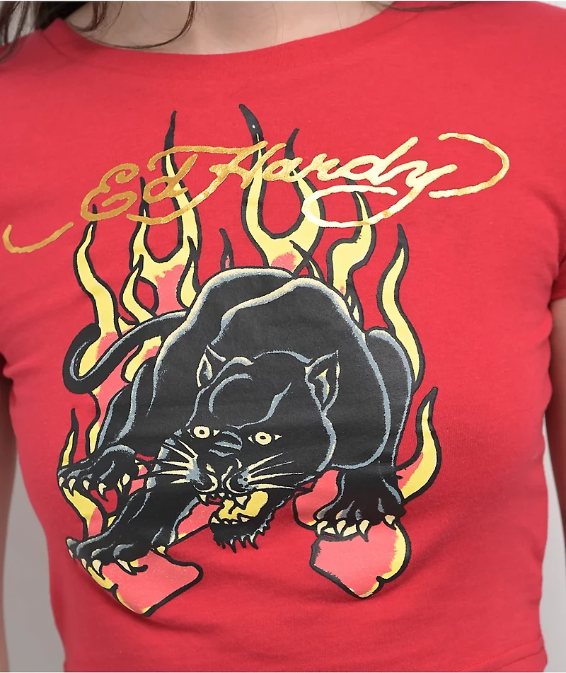 Ed Hardy Panther Flame Red Crop T-Shirt