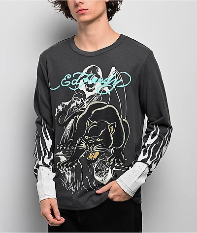 Ed Hardy Panther Flames Grey Thermal Long Sleeve T-Shirt