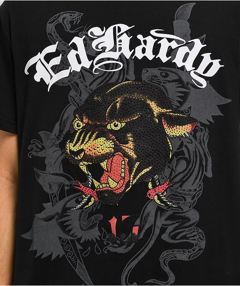 Ed Hardy Panther Head Rhinestone Black T-Shirt