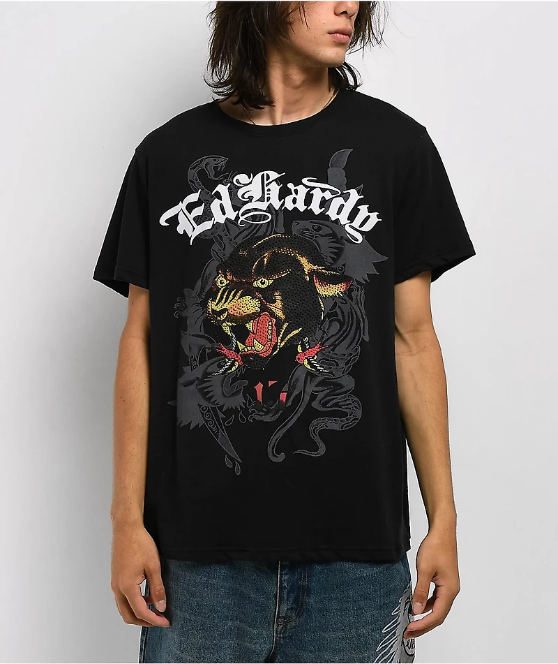 Ed Hardy Panther Head Rhinestone Black T-Shirt