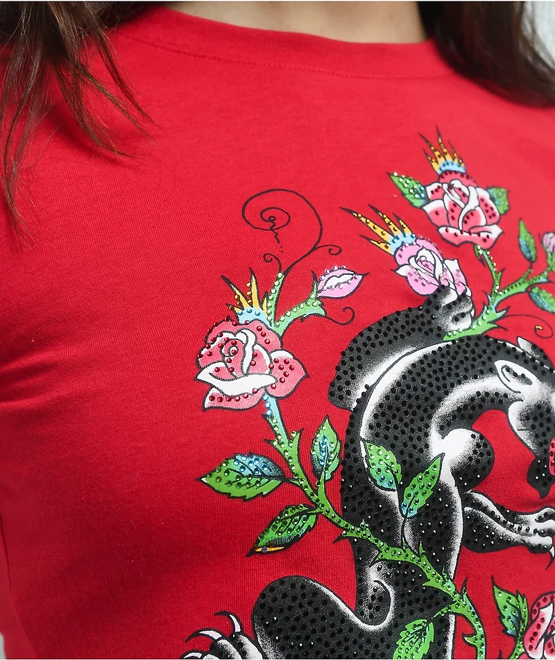 Ed Hardy Panther Rhinestone Cherry Crop T-Shirt