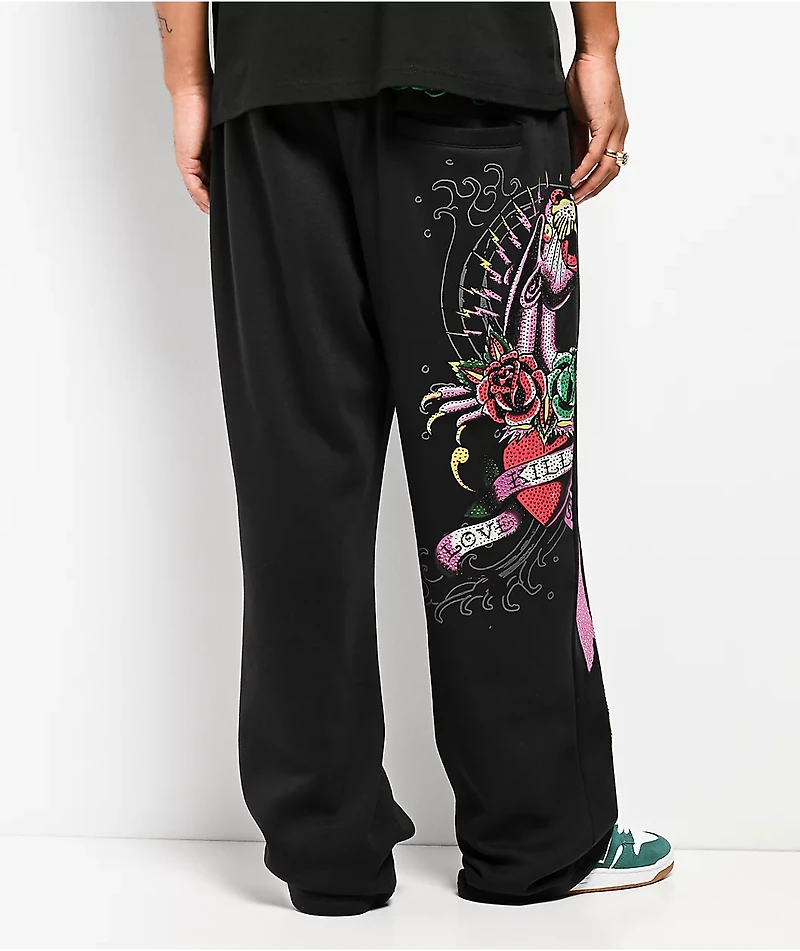 Ed Hardy Panther Rose Rhinestone Black Baggy Sweatpants