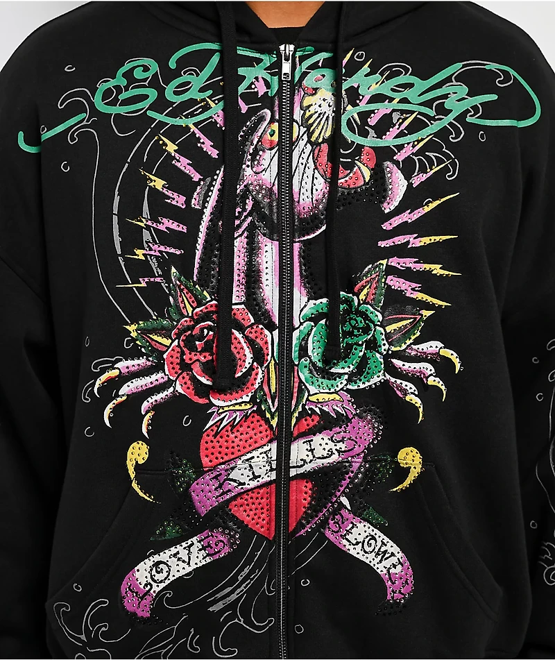 Ed Hardy Panther Rose Rhinestone Black Zip Hoodie