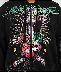 Ed Hardy Panther Rose Rhinestone Black Zip Hoodie