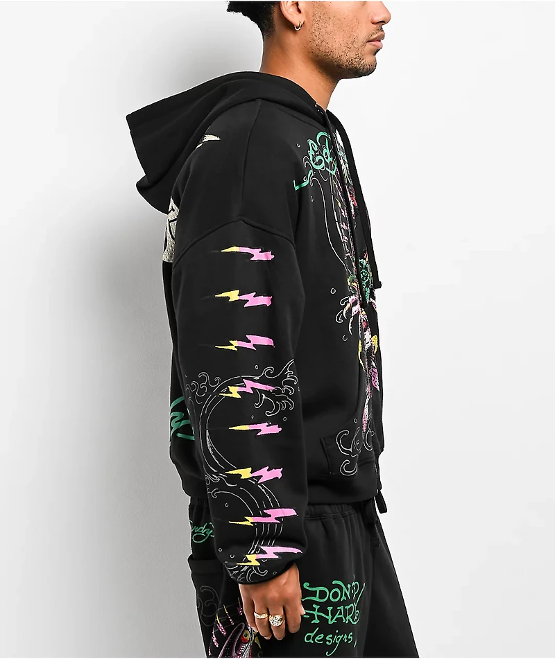 Ed Hardy Panther Rose Rhinestone Black Zip Hoodie