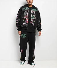 Ed Hardy Panther Rose Rhinestone Black Zip Hoodie