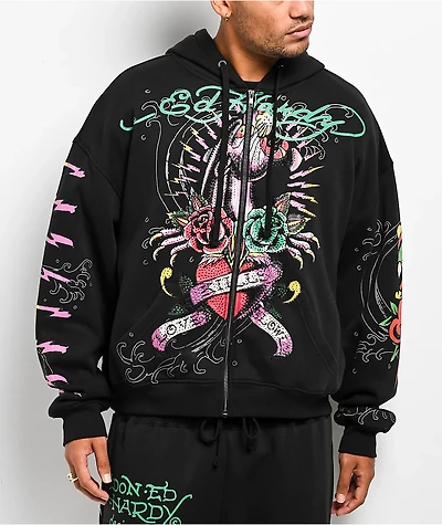 Ed Hardy Panther Rose Rhinestone Black Zip Hoodie