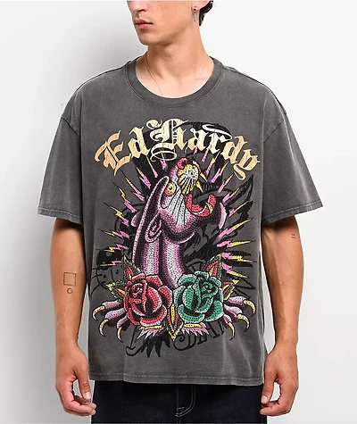 Ed Hardy Panther Rose Rhinestone Charcoal Wash Boxy T-Shirt