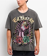Ed Hardy Panther Rose Rhinestone Charcoal Wash Boxy T-Shirt