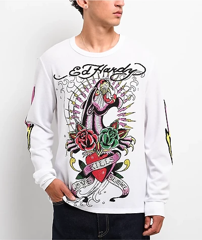 Ed Hardy Panther Rose Rhinestone White Thermal Long Sleeve T-Shirt