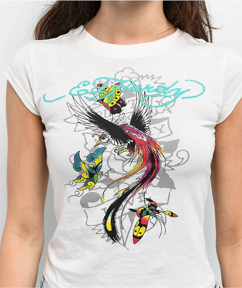 Ed Hardy Phoenix Ivory Cap Sleeve Crop T-Shirt