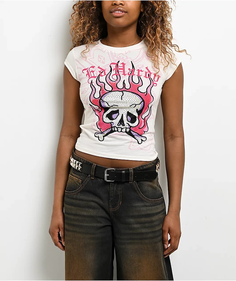 Ed Hardy Pink Flame Skull Rhinestone Ivory T-Shirt