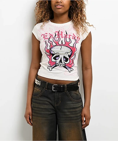 Ed Hardy Pink Flame Skull Rhinestone Ivory T-Shirt