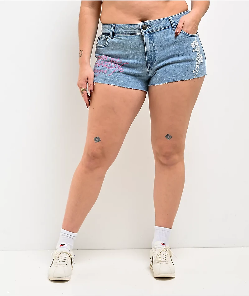 Ed Hardy Pink Leopard Washed Blue Cutoff Shorts