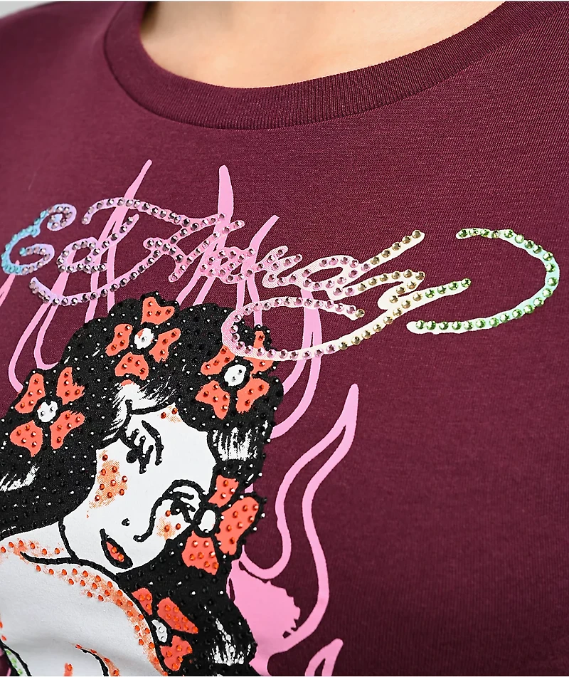 Ed Hardy Pinup Rhinestone Cabernet Crop T-Shirt